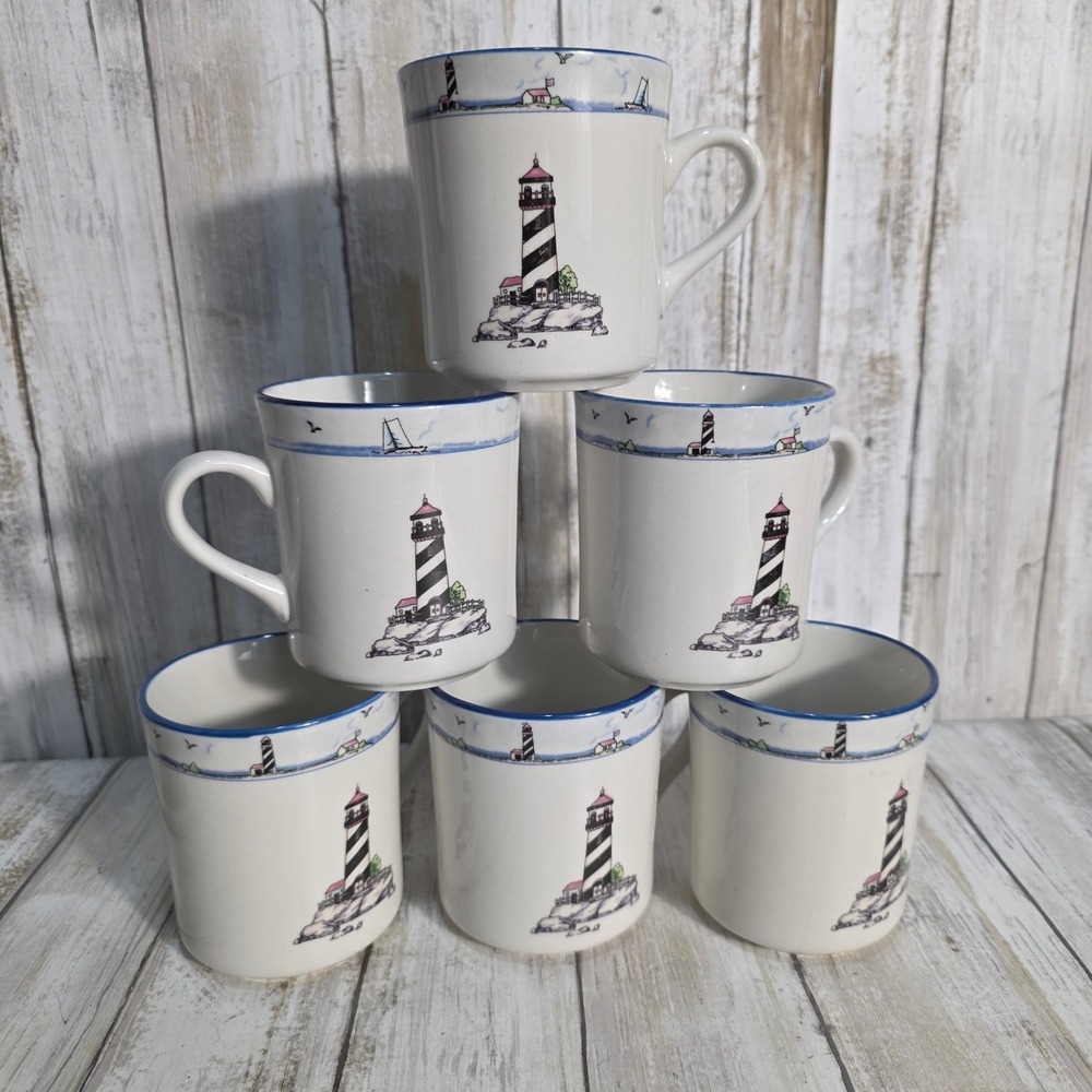 Mainstays Home Lighthouse Coffee Mugs Set of 6 Nautical Coastal Stoneware Cream